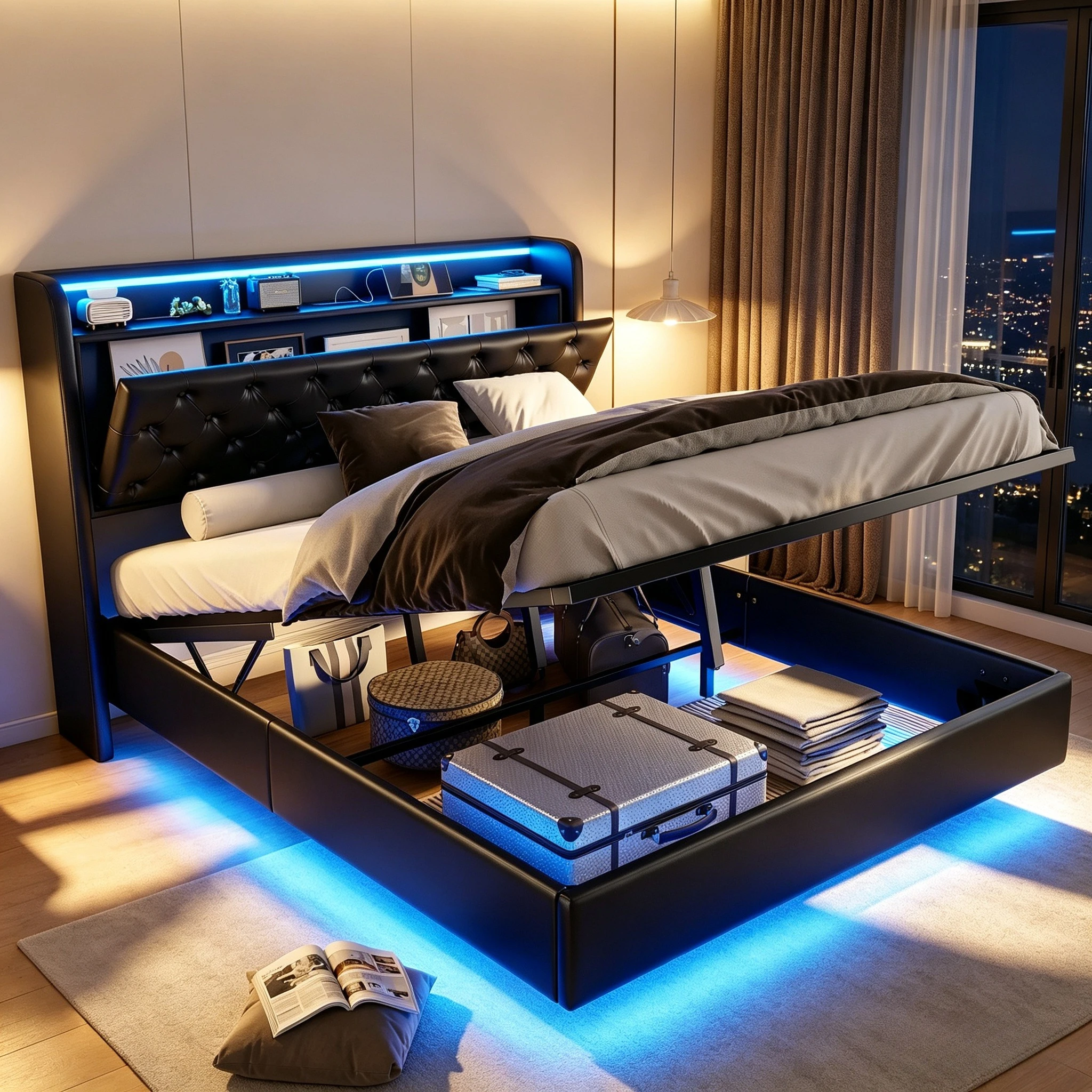Rosahqnda Polsterbett 160x200/140x200 cm mit LED-Beleuchtung und Stauraum-Kopfteil, Doppelbett mit Stauraum für Erwachsene, PU, Schwarz, ohne Matratze