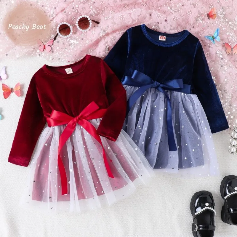 Fashion Baby Girl Princess Star Sequins Dress Mesh Infant Toddler Child Tulle Vestido Long Sleeve Xmas Party Baby Clothes 6M-5Y