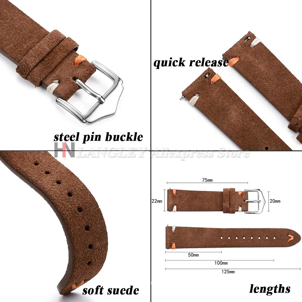 20mm 22mm 스웨이드 가죽 스트랩 빈티지 수제 스티치 시계 밴드 삼성 시계 7/6/5/4 남성 여성 교체 팔찌