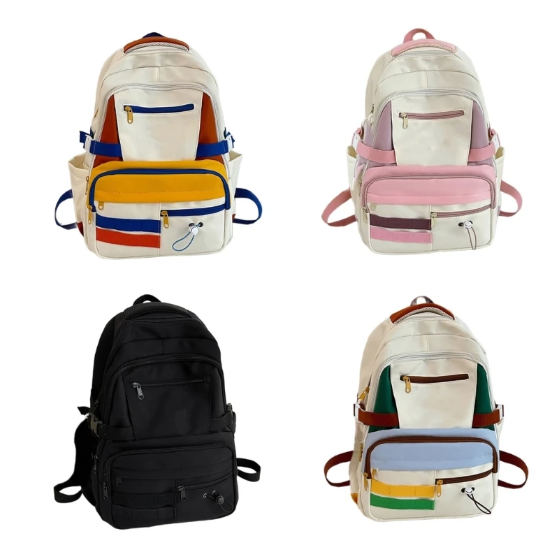 

Korean Trendy Contrast Color Backpack Nylon Large Capacity Multi Pocket Schoolbag with Adjustable Strap Student Book Bag