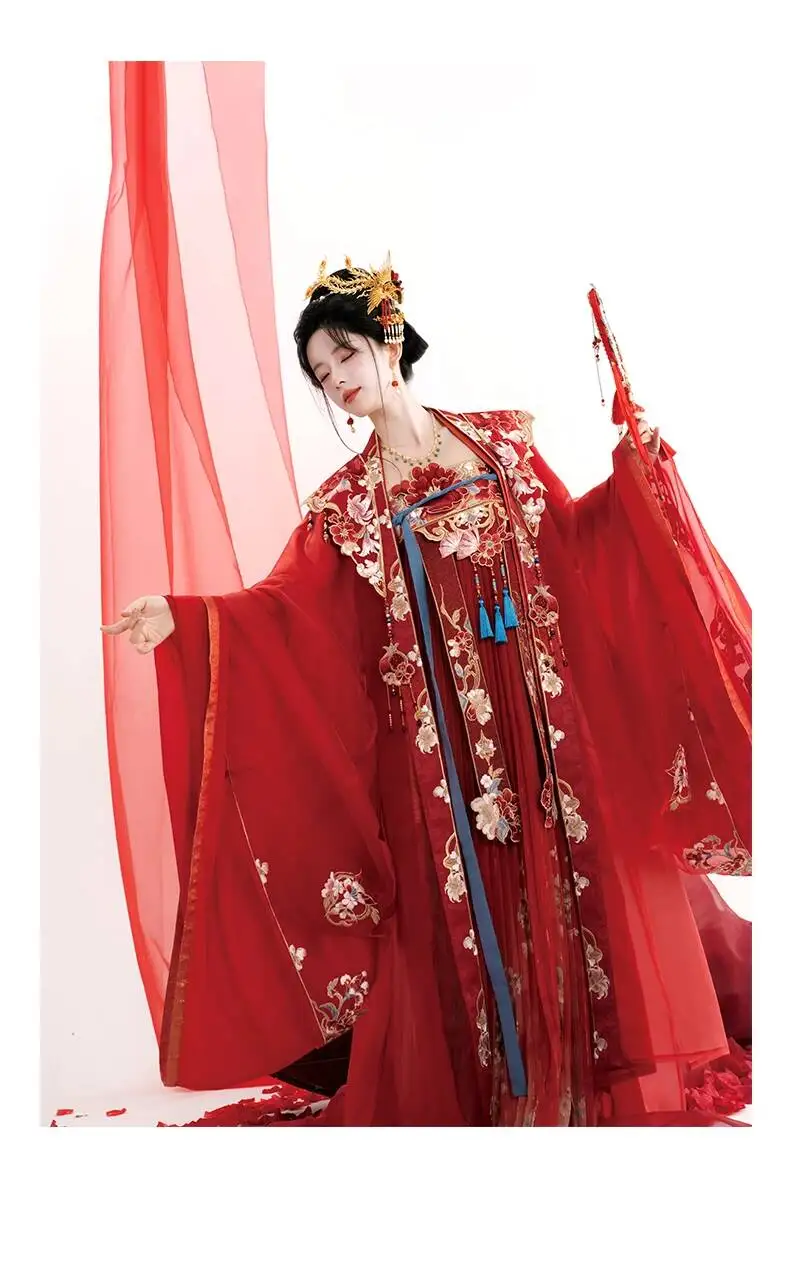 New Tang System Wedding Attire Hanfu Woman Wide Sleeves Chest Length Skirt Customization Veil Wedding Fan Chinese Style view 4