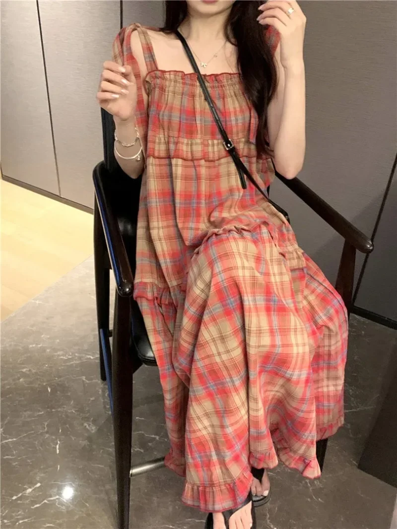 

Vintage Plaid Dresses Women Ruffles Sweet French Style Bandage Loose Casual Girlish Summer New Temperament Loose Blouse Платье