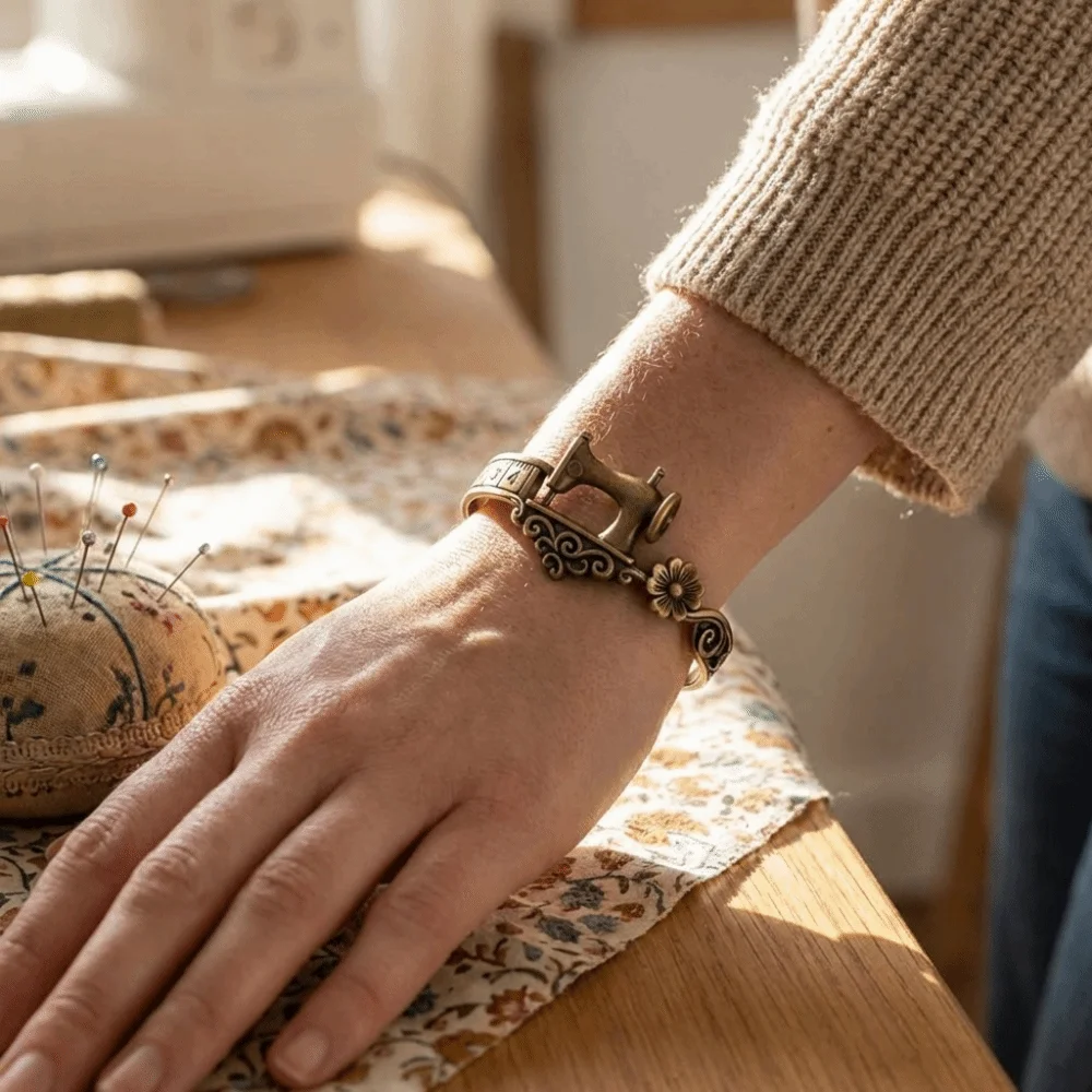 Unise Elegant Sewing Machine Bracelet Metal Vintage Adjustable Cuff Bracelet Craft Design Unique Finger Ring Party