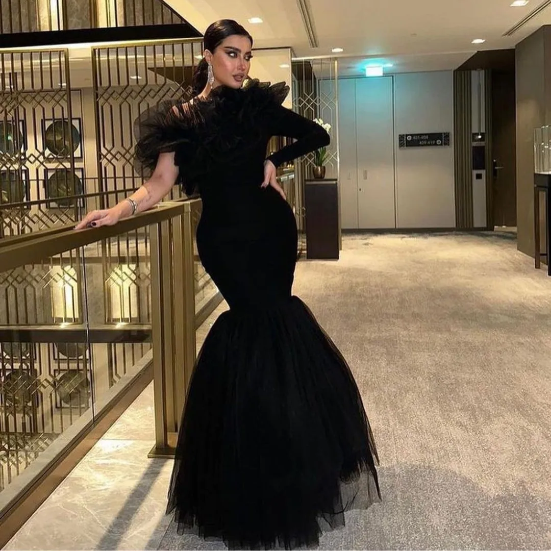 

Black Mermaid Dresses Women Wear for Party Evening Ruffles Off Shoulder Long Sleeve Prom Dress Zipper Back Robes De Soiree