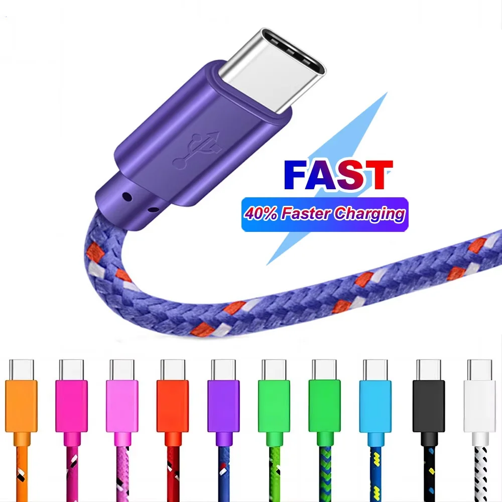 2.4A USB Type C Cable Nylon Braided Cord Data Sync Fast Charging USB C Cable For Samsung S23 Xiaomi 13 Huawei P60 0.5M 1M 2M 3M