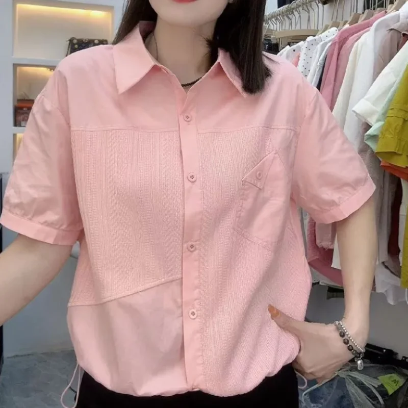 2024 New Summer Commuting Minimalist Casual Loose Plus Size Solid Polo Collar Panel Pocket Short Sleeve Women\'s Shirt Top