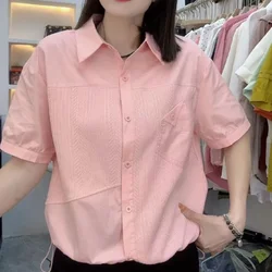 2024 New Summer Commuting Minimalist Casual Loose Plus Size Solid Polo Collar Panel Pocket Short Sleeve Women's Shirt Top