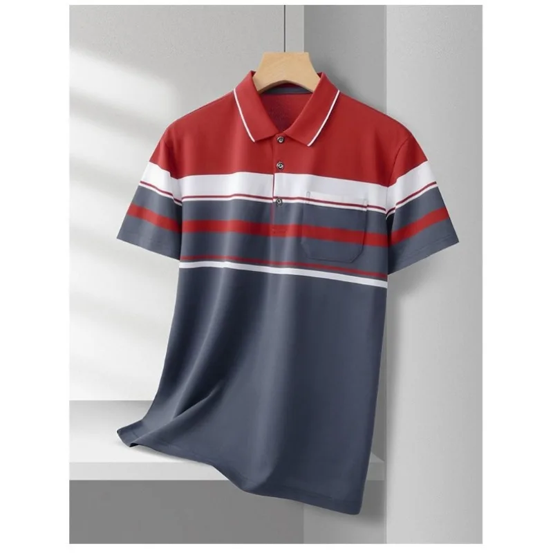 Men Business Casual Horizontal Striped Polo Shirt Short Sleeve Red Gray Colorblock Lapel Collar Chest Pocket Daily Wear Tops