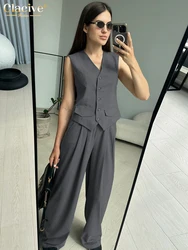 Clacive Summer Loose Gray Office Trousers Set 2 Piece Woman Fashion Sleeveless Tank Top With High Waist Wide Pants Set Female