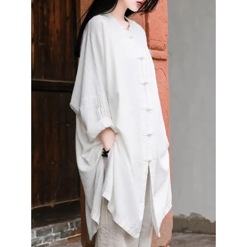 SuperAen Autumn 2025 New Mid-length Oversize Women's Single-breasted O-neck Long Sleeves Loose Cotton and Linen Cardigan Shirts