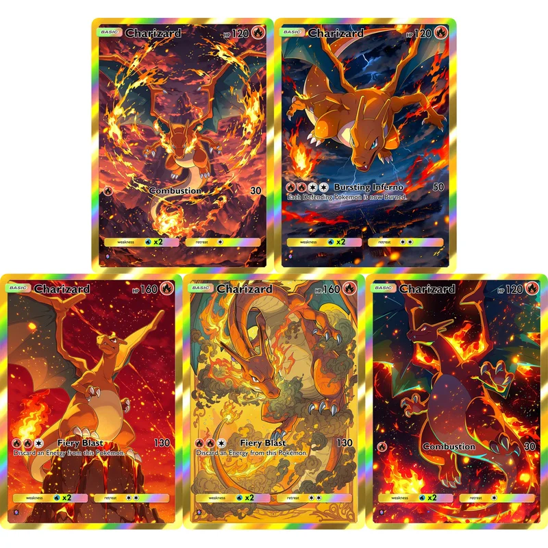 5-teiliges Charizard Sammelkarten-Set Vollfarbige Holografische Feuerdrachen-Sammelkarten für Kinder und Fans Geschenk