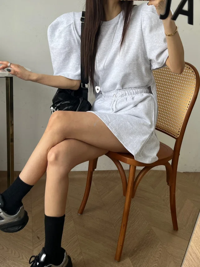 Conjunto de Falda y Suda Hoada con Mangas Abullonadas para Mujer, Cuello Redondo, Cintura Elástica con Cordón, Falda Me...