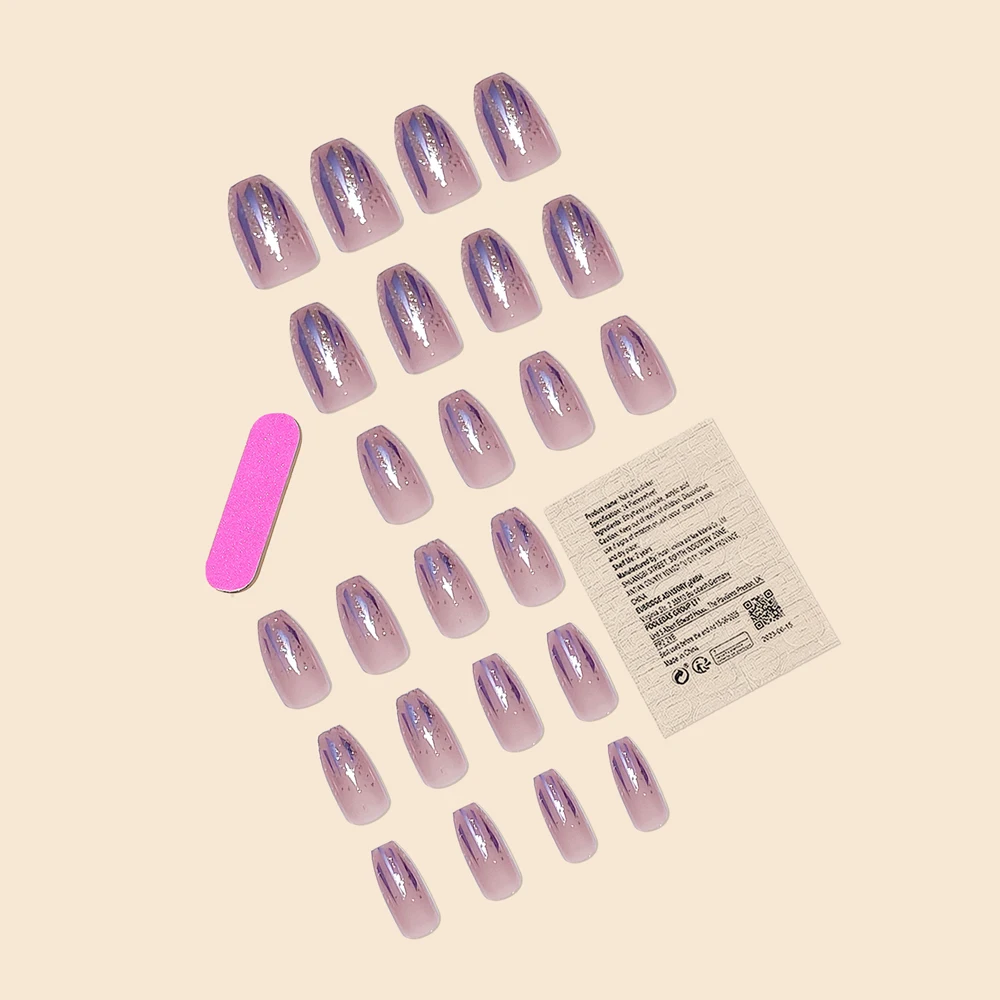 Trend Fashion Women Girls 24Pcs/Set Medium Coffin Shaped French Glitter Powder Star Stripe Wearable Fake Nail Press on Nail Art