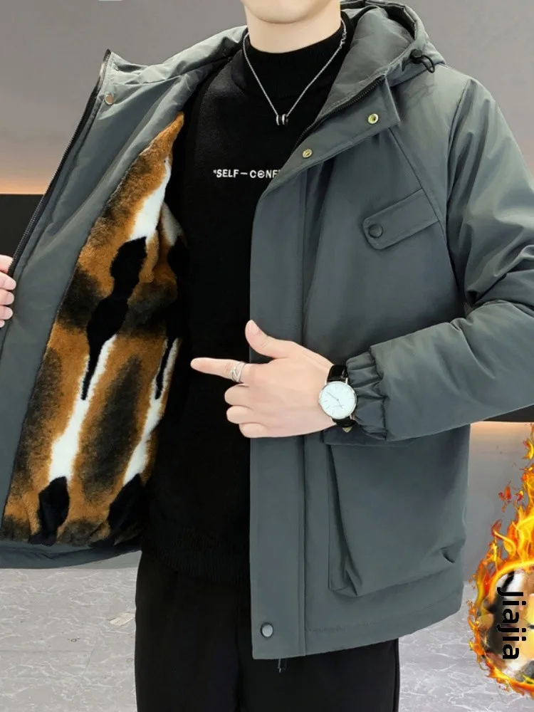 

Men's Winter Thiened Fce Lined Oversized Cotton Jaet Medium Length Warm Hooded Parka Faionable Urban Sle Workwear