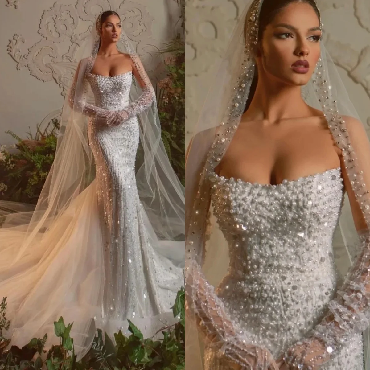 Vestido De Novia De lujo sin tirantes, sin mangas, con lentejuelas y perlas, Vestido De Novia De sirena De lujo, Vestido De Novia personalizado