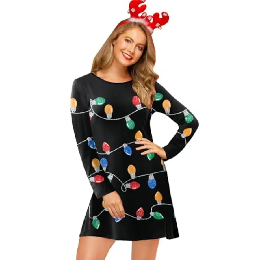 

For G and PL Women's Christmas Printed Tunic Dress Long Sleeve Crewneck Casual Costume
