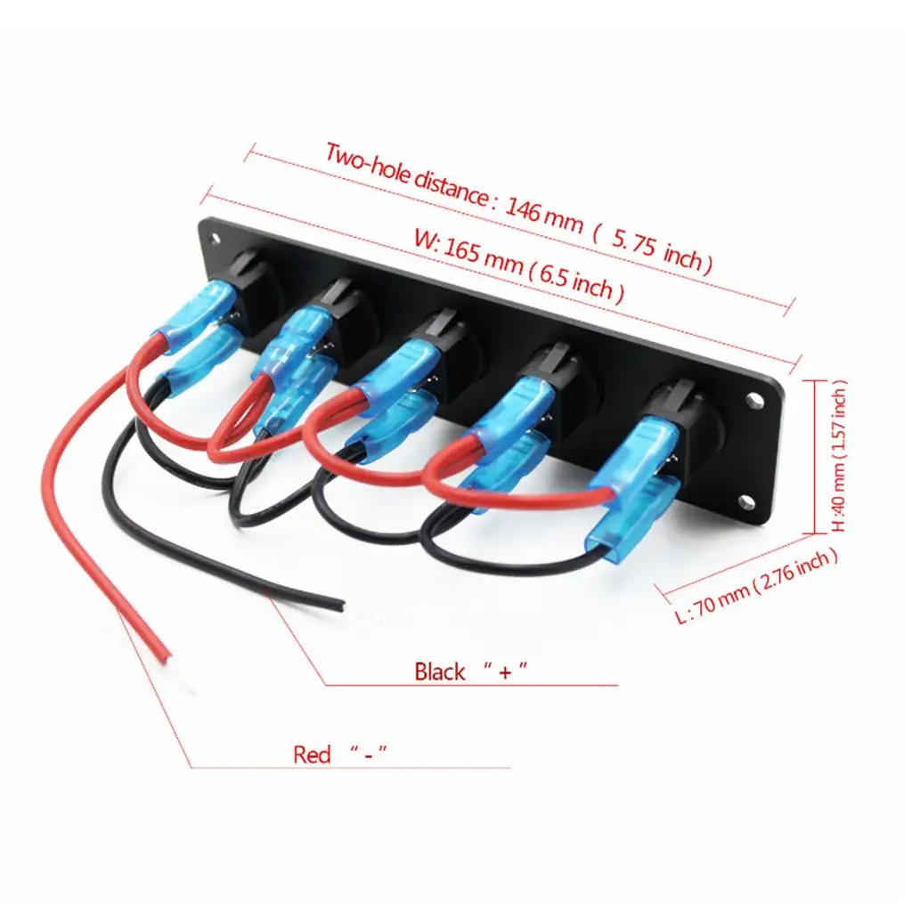 5-Gang Round ON/OFF Rocker Toggle Switch Panel LED Light 12V แผงอลูมิเนียมวัสดุ ABS ทนทานกันน้ำ