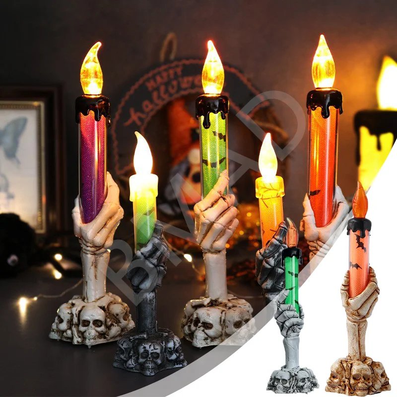 Halloween LED Lights Skull Ghost Holding Candle Lamp Holloween Party Table Top Decorations for Home Haunted House Ornaments