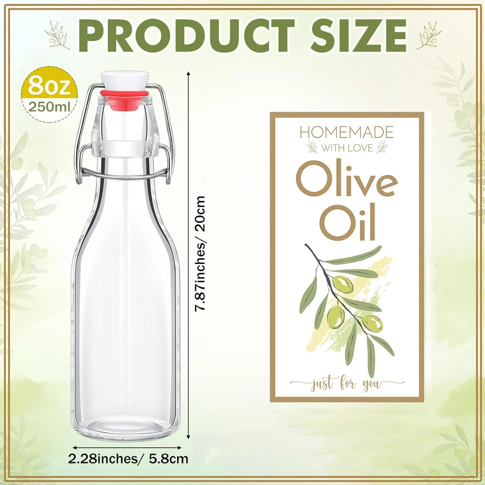 Swing Top Glass Bottles for Olive Oil Homemade 8 Oz Clear Flip Top Bottles with Airtight Lids Labels for Storing Homemade Oil