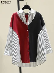 ZANZEA Women Stripe Splicing Tops 2024 Autumn Commuting Shirts Casual Long Sleeve Tops Irregular Colorblock Button Loose Blouses