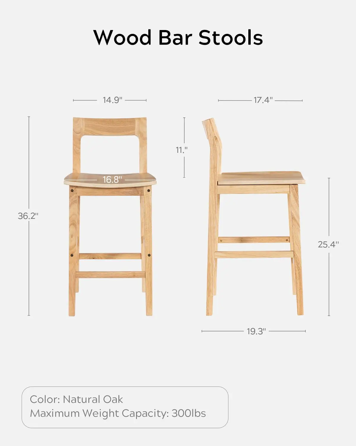 Farmhouse Wooden Bar Stools 4 Mid Century Counter Height Solid Wood Legs & Back 25