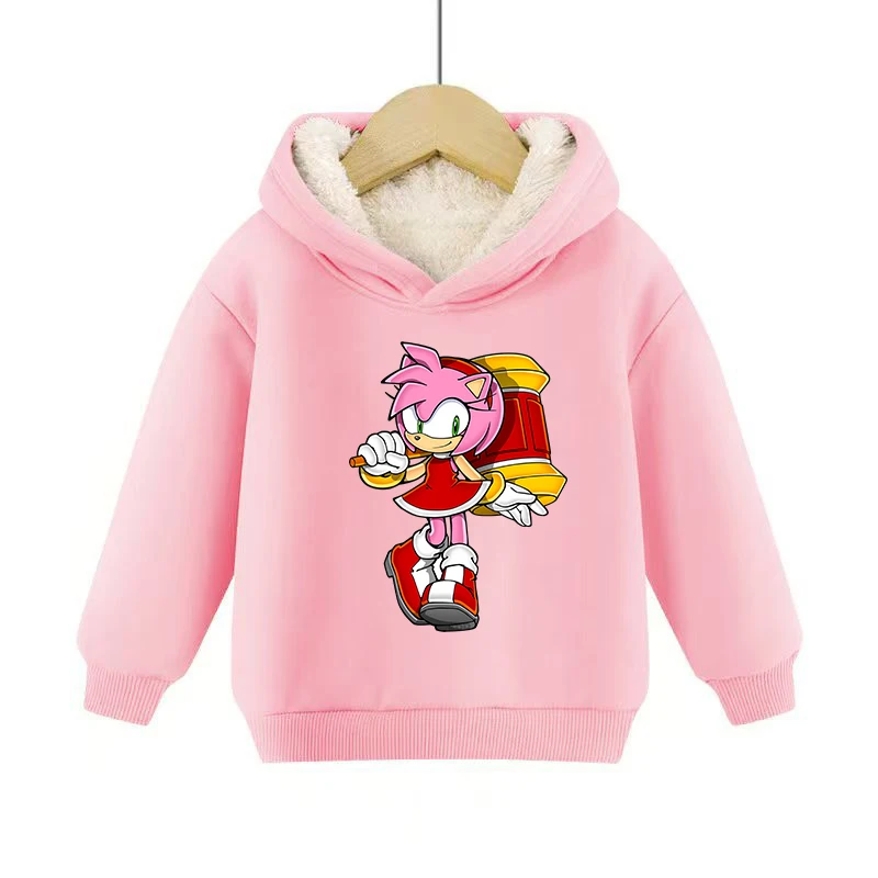 Sonics Children Hooded Sweatshirts Anime Hedgehog Printed with Fleece Hoodies Boys Girls Winter Warm Children Clothing Tops Gift