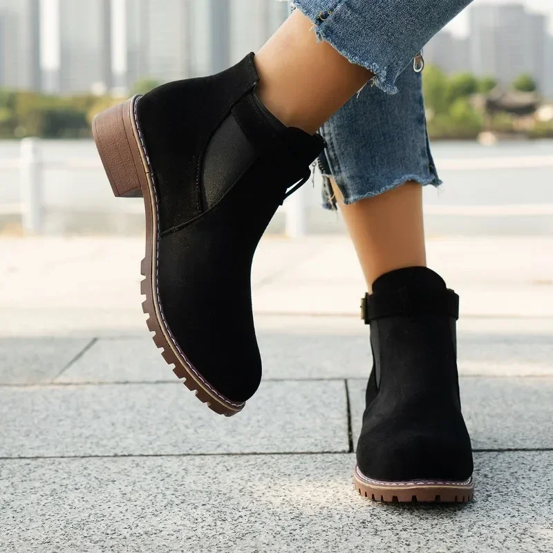 Shoes for Women 2024 Fashion Buckle Women's Boots Autumn Round Toe Solid Flock Short Barrel Chunky Heels Large Size Naked Boots