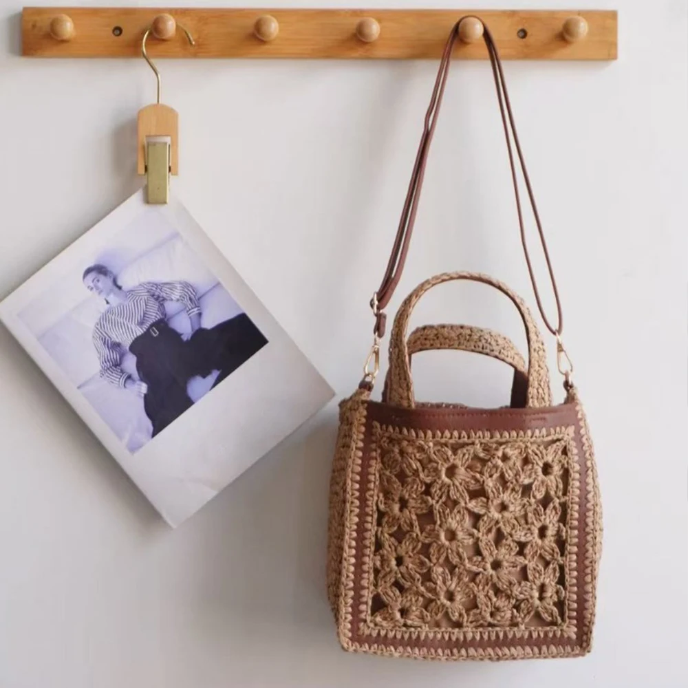 

Flower Crochet Tote Straw Bag Handmade Woven Shoulder Bag Summer Paper Rope Knitting Beach Bags for Women Handbags and Purses
