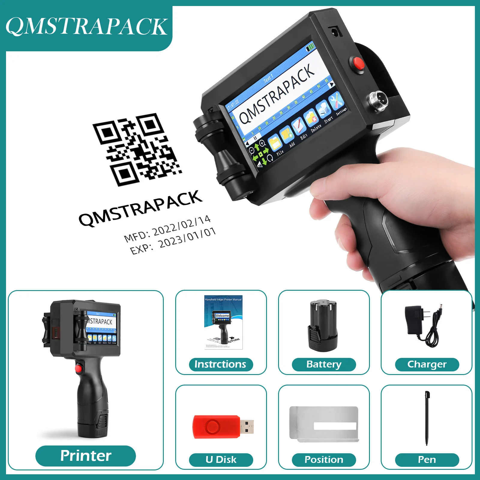 Pistola de Impressora Portátil com Tinta de Secagem Rápida Impressora de Código de Barras qr Número do Lote Logotipo Data Impressora de Etiquetas 127 mm