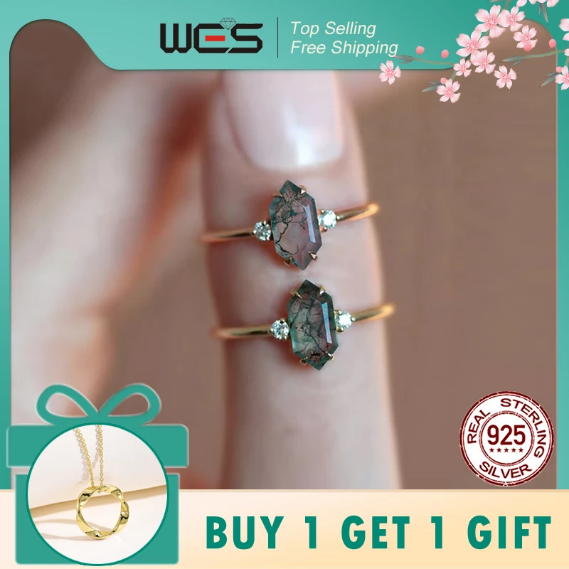 Wes 100% 925 prata natural 5*10mm musgo ágata ouro anéis abertos para mulher geométrica presente de noivado jóias finas atacado