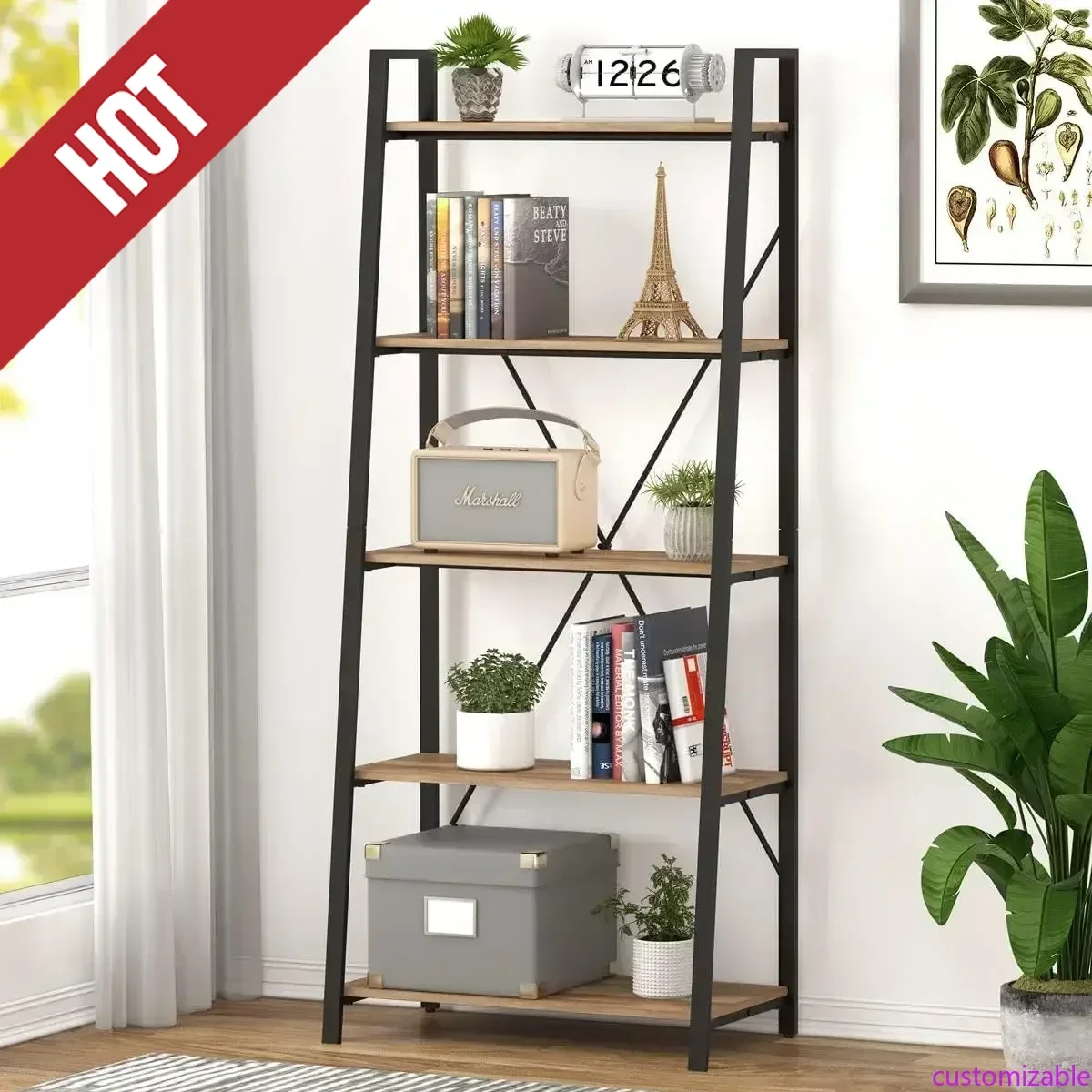 Customizable Industrial 5 Tier Ladder Bookshelf,Wood And Metal Ladder Shelf Bookcase, Farmhouse Leaning Shelves For Living Room