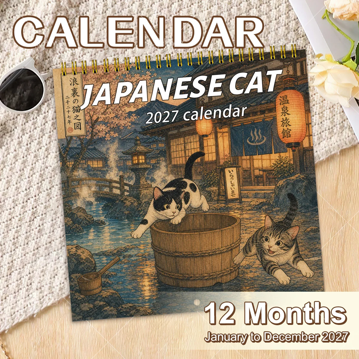2027 Wall Calendar, Japanese Cat Theme Spiral Bound Monthly Planner, Retro Art Print for Home Wall Decor, Gift for Cat Lovers