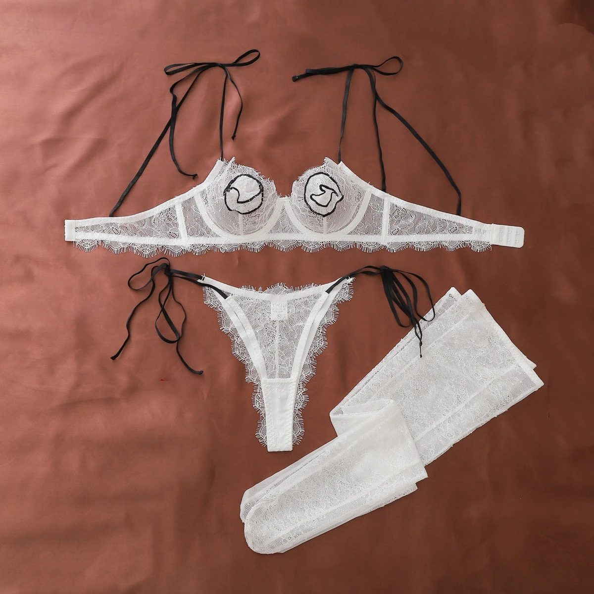 Conjunto de lencería sexy con encaje y bloques de color, estilo francés, transparente, con tiras, sujetador y bragas exóticos para mujer, ropa interior ultrafina.