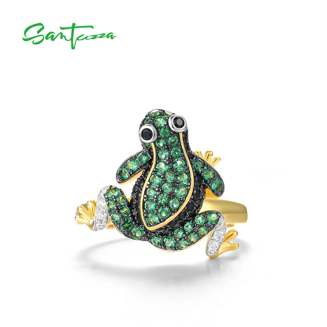 SANTUZZA Genuine 925 Sterling Silver Ring For Women Green Black Spinel White CZ Frog Rings Animal Delicate Gifts Fine Jewelry