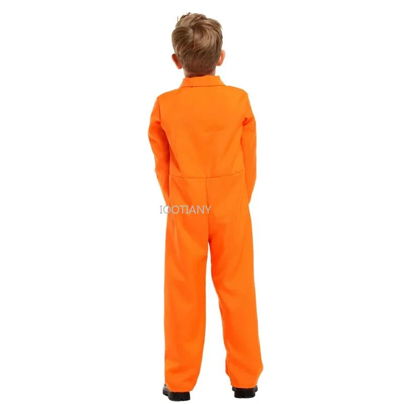 Orange Boys Halloween Criminal Costume For Kids Children Prisoner Jumpsuits Uniform Cosplay Carnival Purim Role Play Party Dress