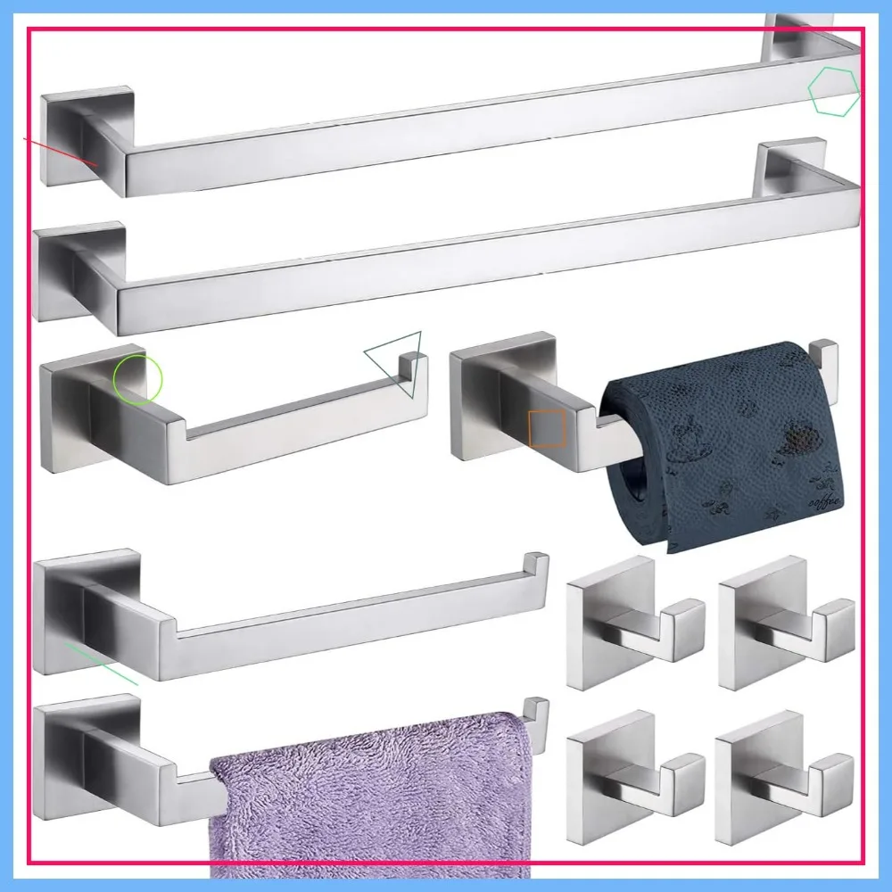

Stainless Steel Bathroom Hardware Set with Towel Bar, Holder, Hook - Rustproof & Easy Install