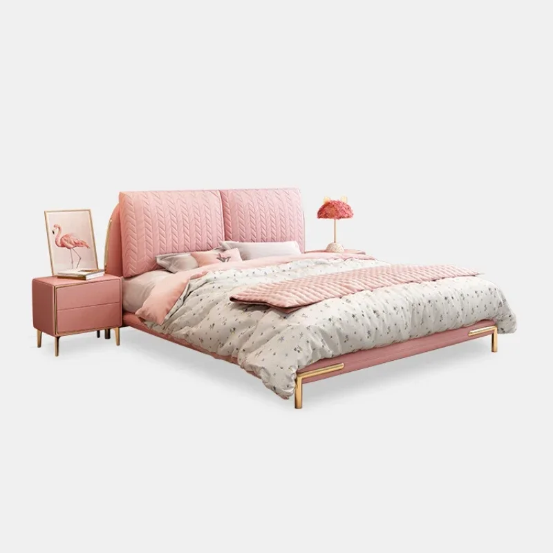 

Nordic Light Luxury Leather Bed Modern Minimalist Children's Bed Girls Pink 1.5