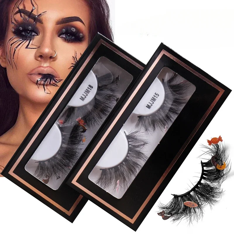 1 Pair Halloween Cosplay Mink Glitter False Lashes Coloed Eyelashes Fluffy Soft Bat Pumpkin Witch Makeup Beauty