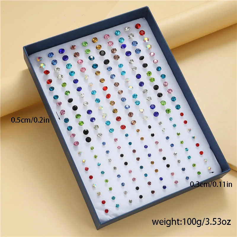 100 Pairs/Lot Different Size Colorful Rhinestone Small Stud Earring For Women Round Piercing Plastic Ear Gifts New Jewelry