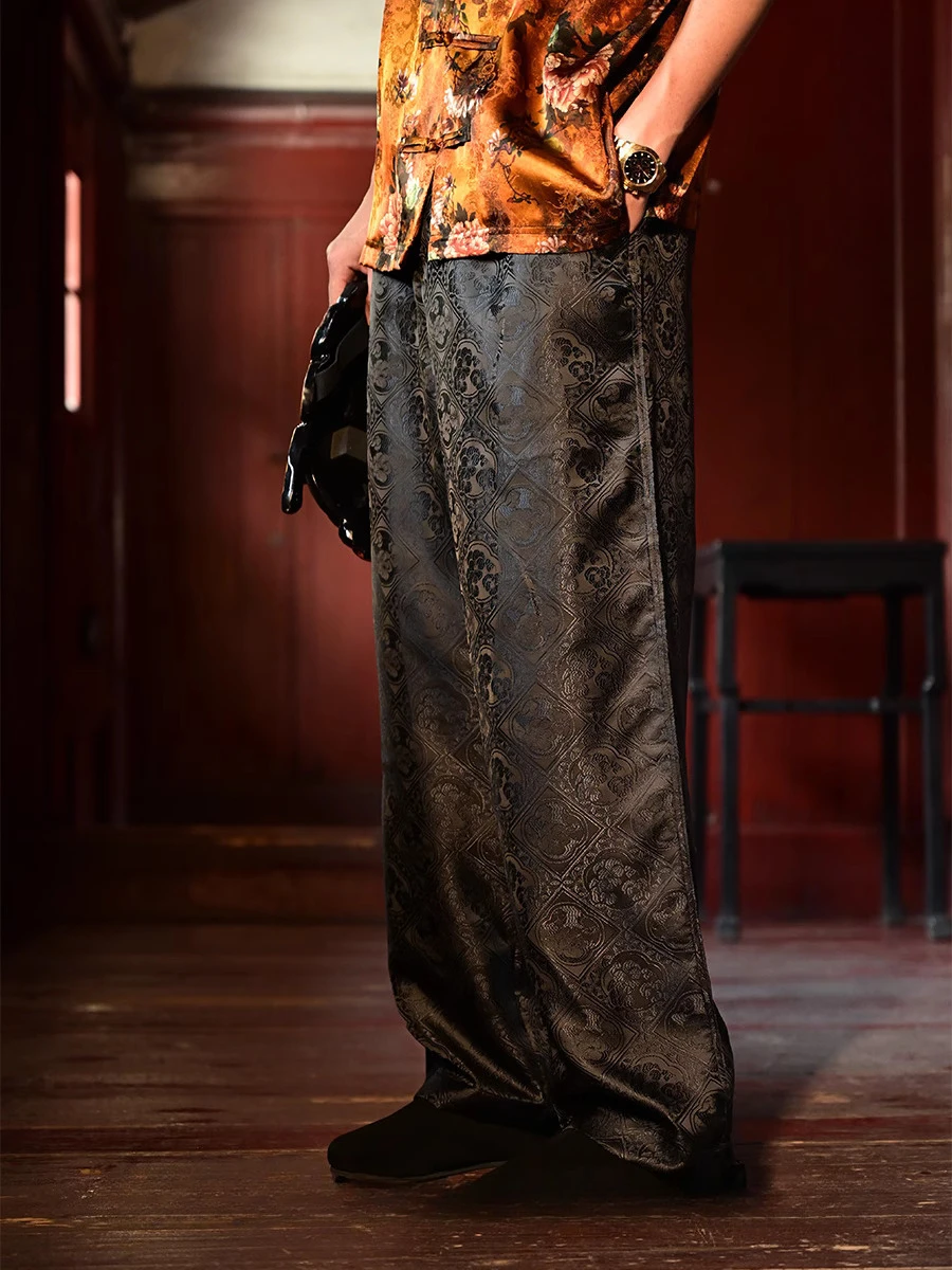 Light Luxury Jacquard Satin Trousers Men's 2025 Four-season Wear New Solid Color Straight Trousers Male Fashion Handsome Pants