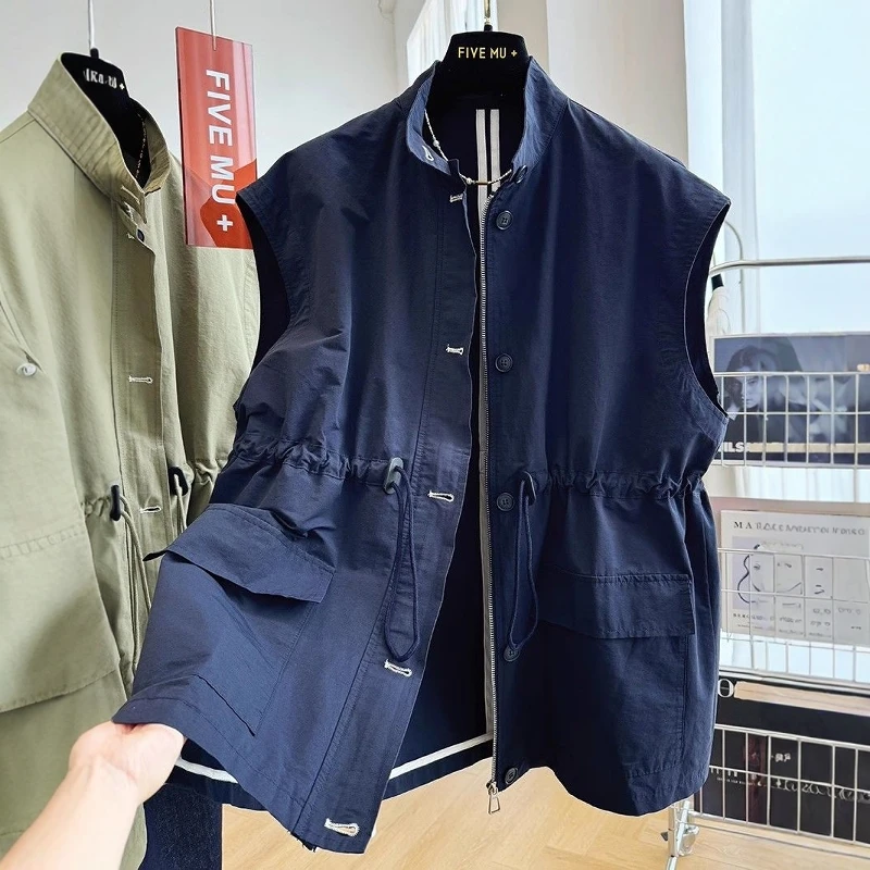 plus Size 300 Pounds American Retro Stand Collar Vest Unisex Autumn Winter Drawstring Waistless Sleeveless Workwear Jacket