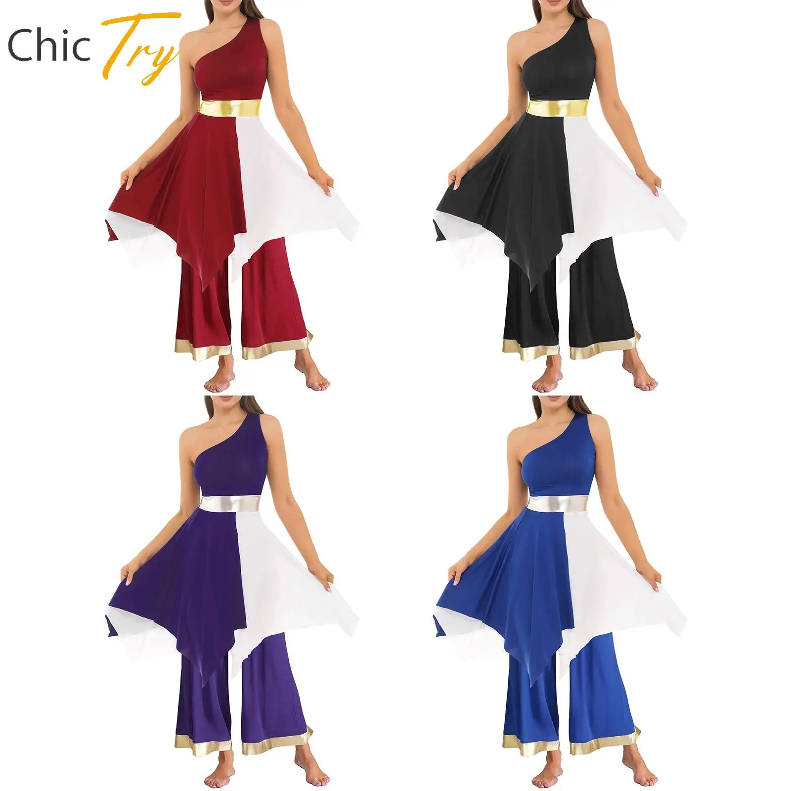 

Women Lyrical Dance Outfit Worship Praise Dance Costume One Sleeveless Shoulder Irregular Hem Dress And Wide Leg Pants Stage Set