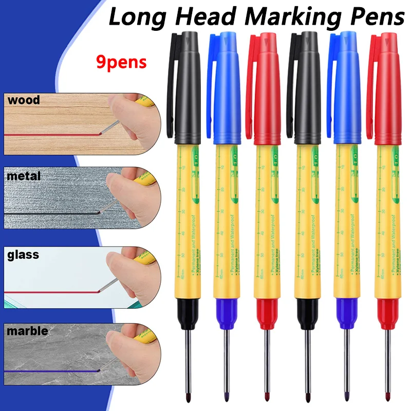 9pcs/set 33mm Red/Blue/Black Long Head Marking Pen Woodworking Decoration Deep Hole Waterproof Pen Multipurpose Marking Tool