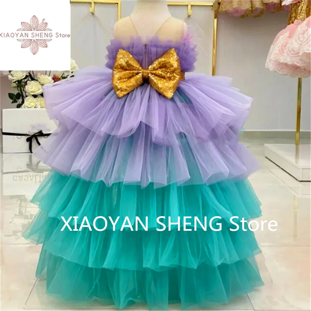 Flower Girl Dress Double Color senza maniche Tulle Lace Layered Princess Ball abito da prima comunione bambini sorpresa regalo di compleanno