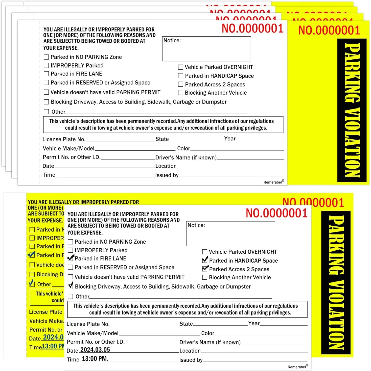 2 Part Parking Violation Ticket Carbonless Vehicle Illegally Parked Tag 8.5x4inch Tow Warning Notice Parking Violation Ticket