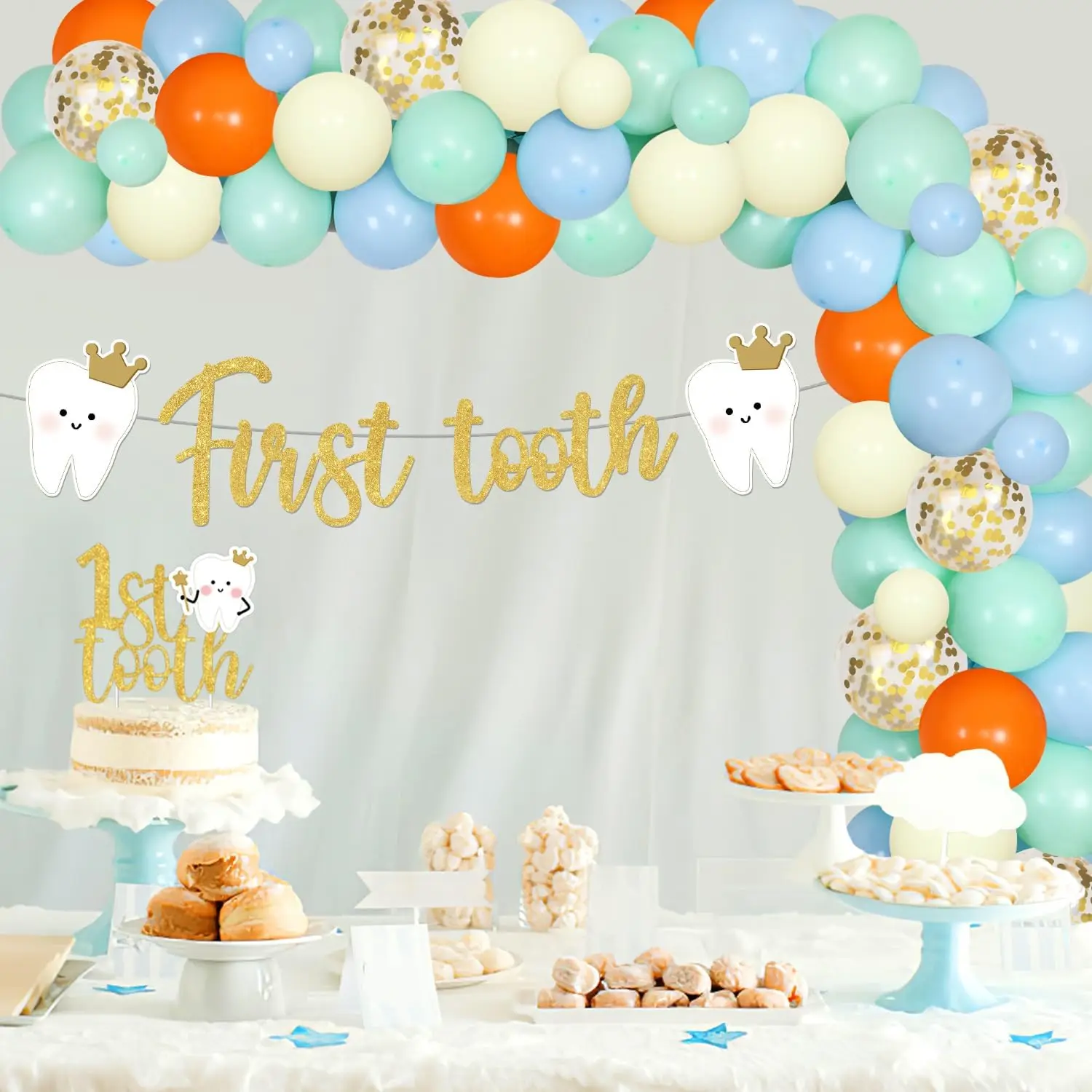 Kreat4joy First Tooth Party Decoration Teething Blue Balloon Garland Arch Kit Teeth Theme Decor Girls Boys 1st Birthday Supplies