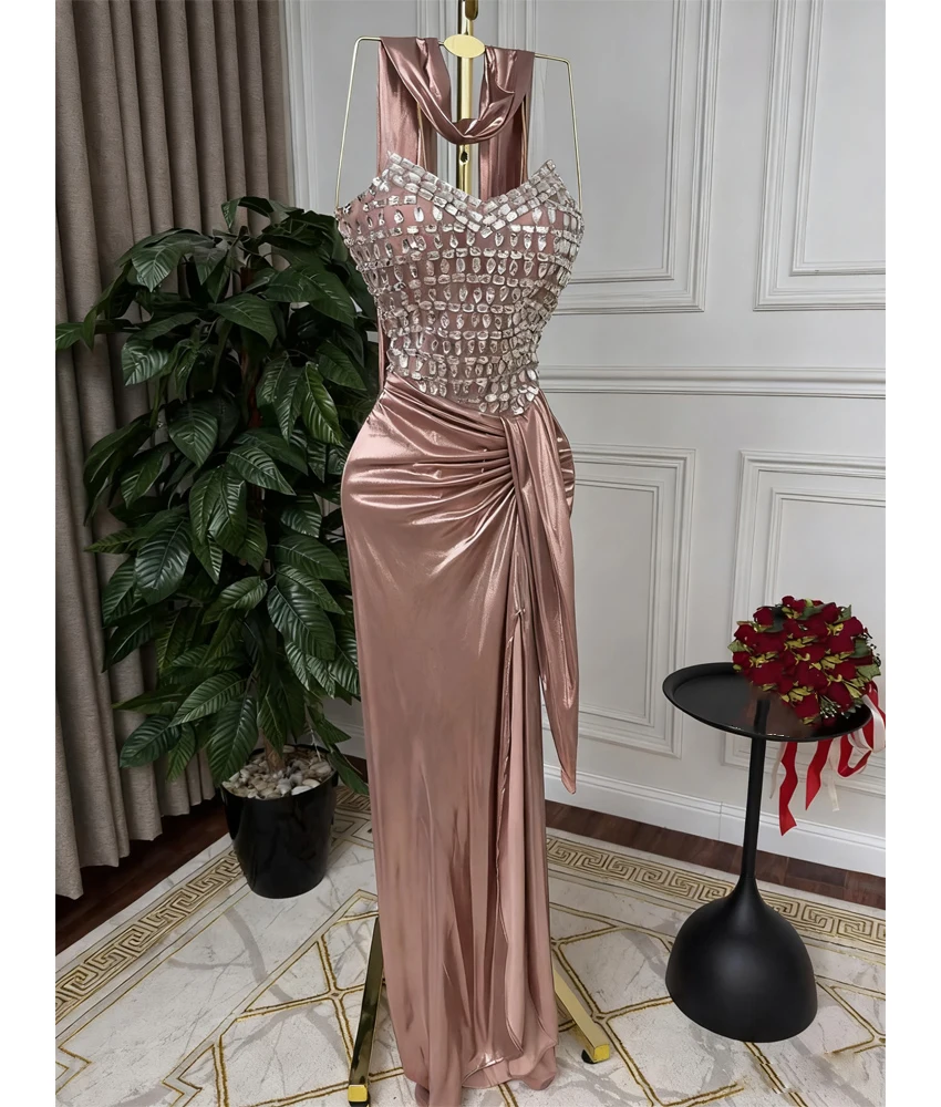 

Customized Luxury Crystal Ribbons Satin Straight Satin Evening Dress Delicate Sweetheart Sleeveless Floor Length prom dresses