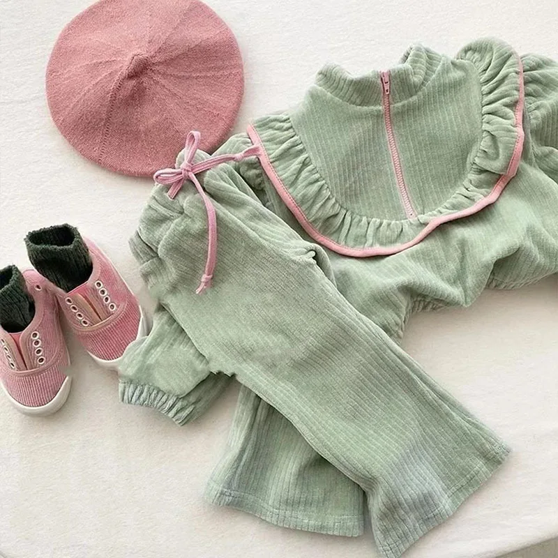 2024 Autumn New Girl Baby Corduroy Ruffles Long Sleeves T-shirt Set Children Solid Tops + Drawstring Wide Leg Pants 2pcs Suit