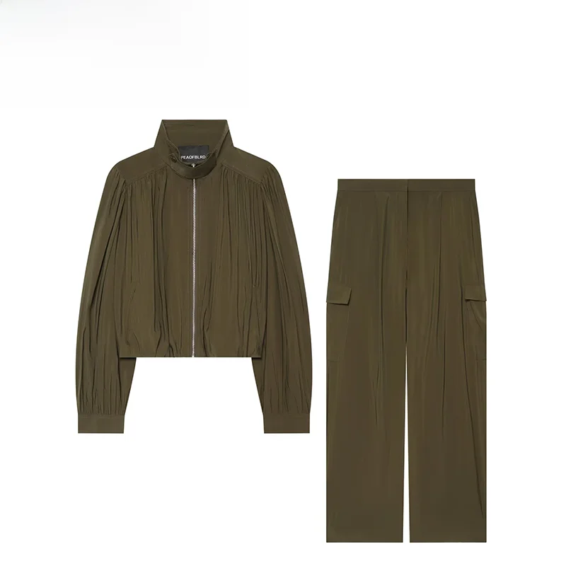 Autumn New Arrival ZR Women's Fashion Bubble Jacket And Work Pants Set High Waist Trousers Long Sleeve Regular Length Coat