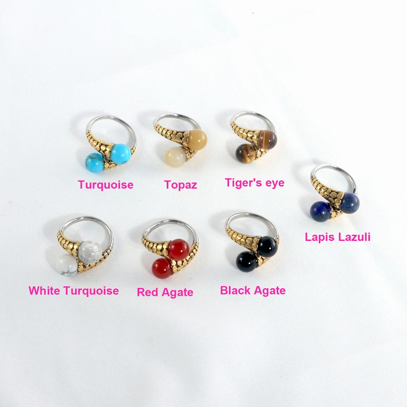 New Design Stainless Steel Natural Stone Ring Fashion Retro Metal Adjustable Opening Rings For Women Jewelry Party Festival Gift